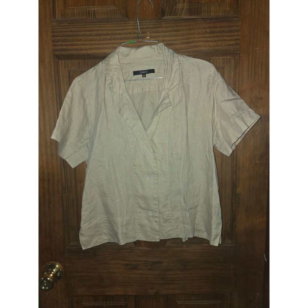 Quince Womens XS Beige 100% Linen Short Sleeve Camp Collar Button Down Shirt